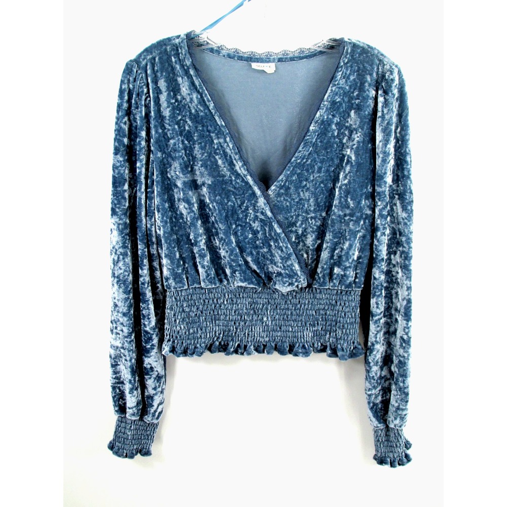 SELFE Blue Burnout Velvet Faux Wrap Top Lace Trim Whimsigoth Puff Sleeve L